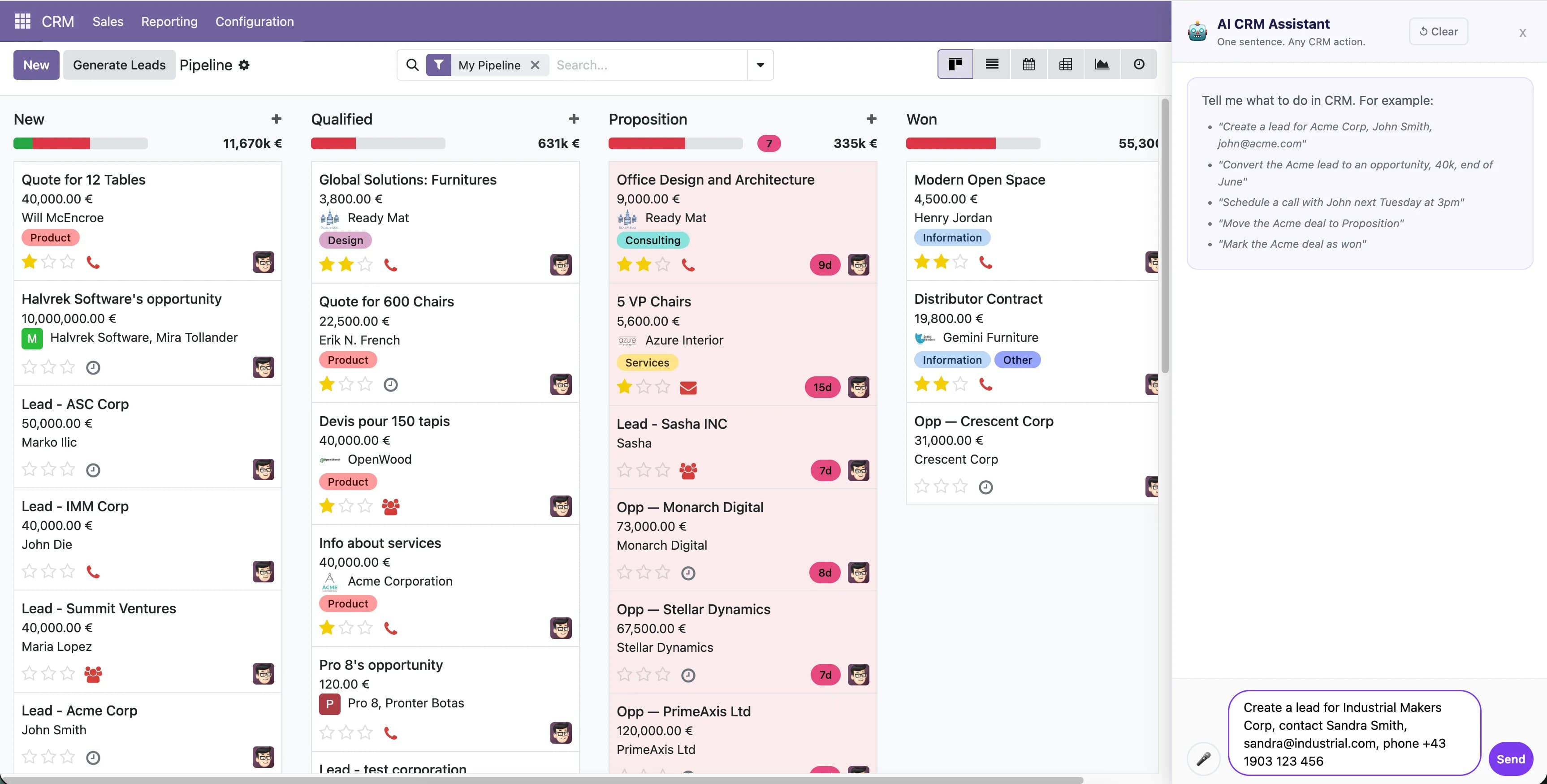 Odoo-Pipeline mit geöffnetem Panel des CRM-Agenten. Im Panel steht ein Satz, der einen neuen Lead anlegen soll.